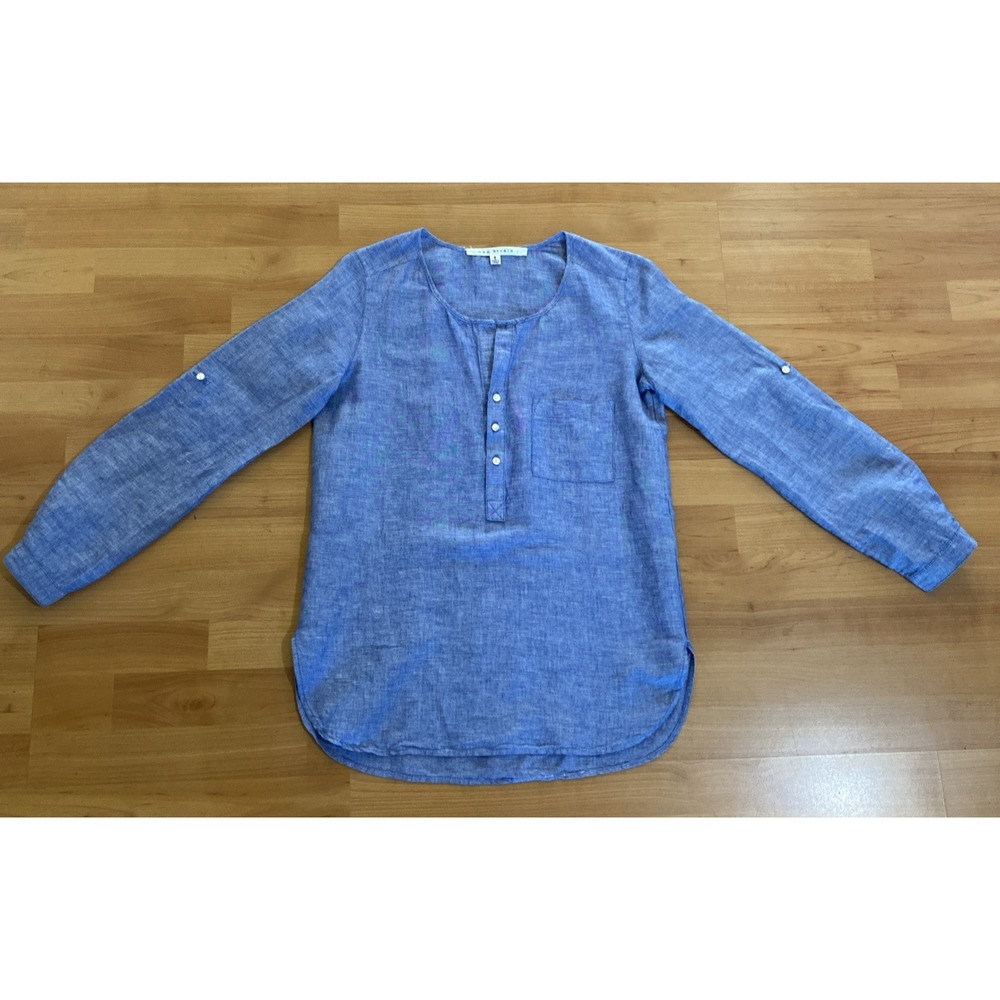 Max Studio Blue Long Sleeve Henley Linen Blend Popover Size Small Rolled Sleeve - Picture 3 of 11
